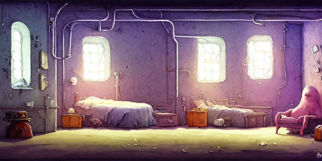 Image similar to room in the sewers, the room is delicate and neat, bed is made, sword rack above the bed, detailed, artstation, 8 k, sci - fi, pastel colors, props, panel, concept, simon stalenhag, in watercolor gouache detailed paintings, moebius, blueprint, building, living room, detailed, posters, sofa