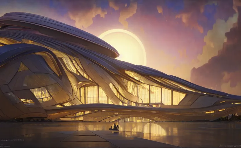 Prompt: exterior shot of utopian architecture building with cinematic lighting by zaha hadid and renzo piano, darek zabrocki and greg ruthkowski, alphonse mucha, simon stalenhag, cinematic, stars, beautiful, holy place, paradise, scifi, futurism, atmospheric, sunset, concept art, artstation, trending on artstation