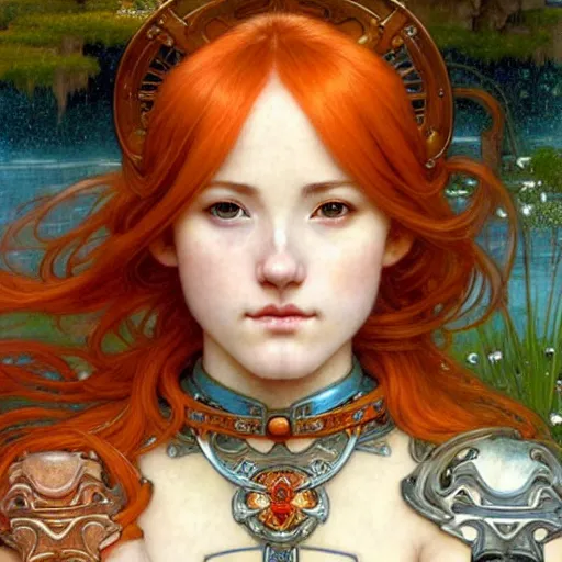 Prompt: Masterpiece head and shoulders portrait of Asuna Yuuki, young woman with orange hair wearing a partial paladin armor with a red skirt and white top, face, fantasy, intricate, elegant, highly detailed drawn by Donato Giancola and Tom Bagshaw, face by Artgerm and Edmund Leighton, Alphonse Mucha, background by James Jean and Gustav Klimt, 4k, porcelain skin, komorebi, french nouveau, trending on pixiv, octane render, hyperrealistic