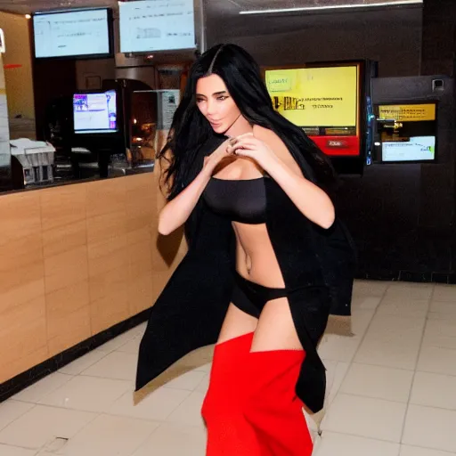 Prompt: kylie kardashian doing the moonwalk in front of the counter at mcdonalds, uhd, 8k, award winning photography, trending, beautiful, happy