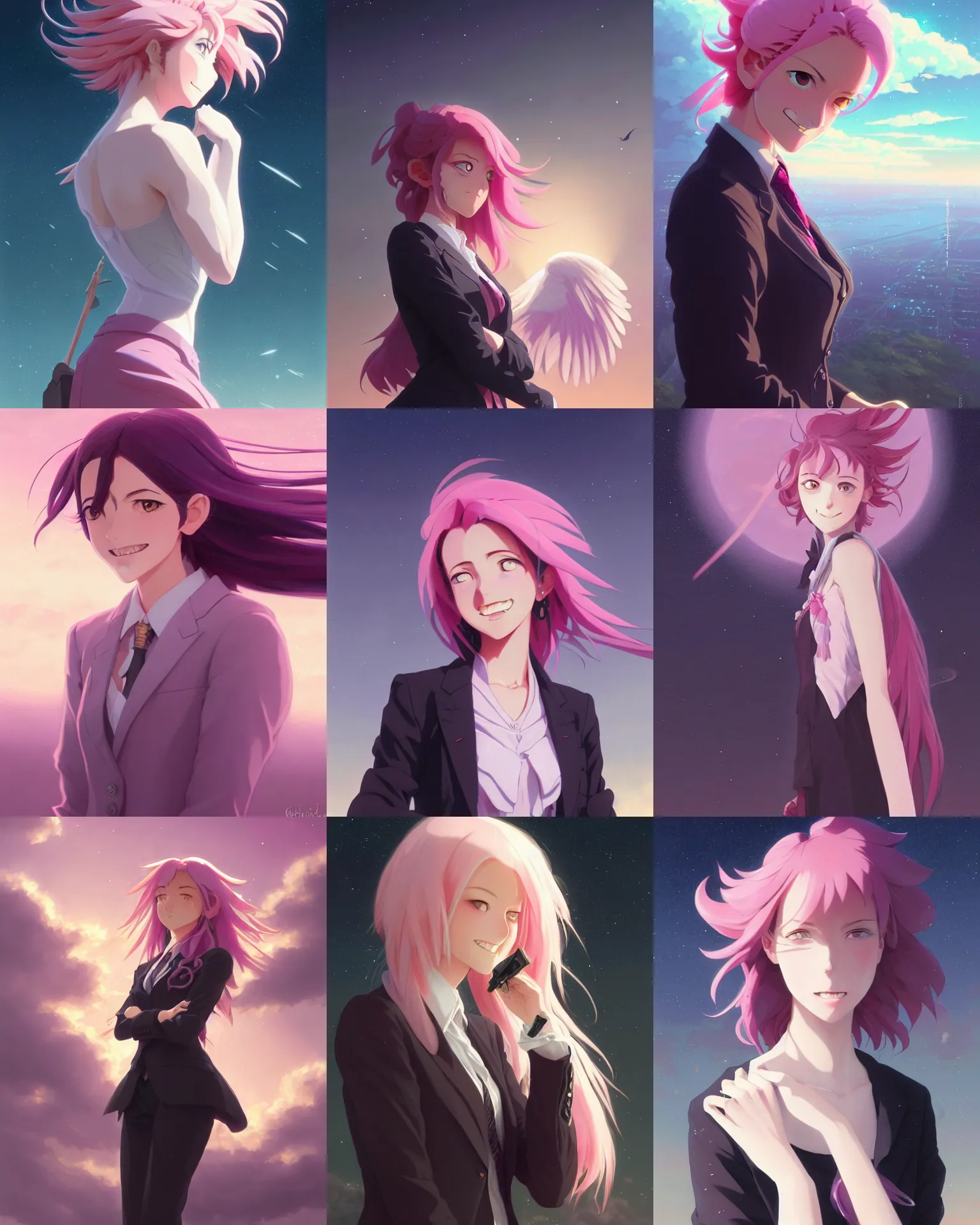 Prompt: young smiling harpy woman, pink spindly hair, black business suit, detailed perfect face, exquisite details, visual novel portrait, night sky background, by studio muti, greg rutkowski makoto shinkai takashi takeuchi studio ghibli