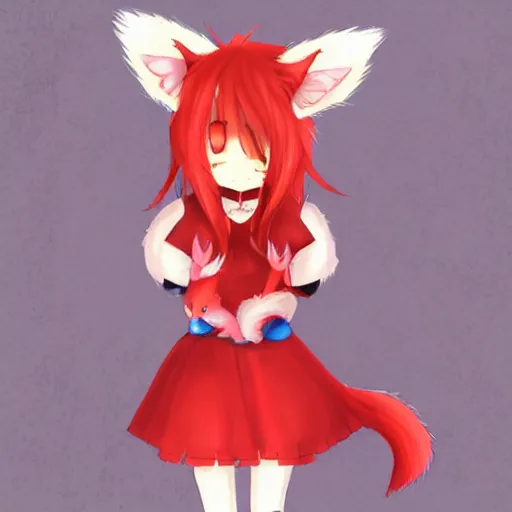 Prompt: cute anime foxgirl with two fox ears on her head and fluffy fox tail wearing red dress, by Tekahika