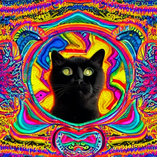 Image similar to dmitri the black cat stalks the exclusion zone lsd poster psychedelic