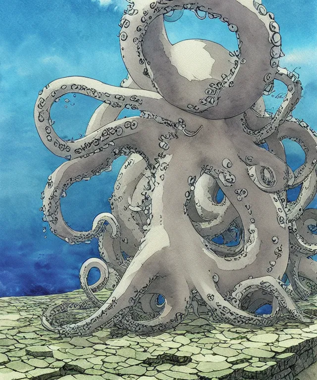 Prompt: a hyperrealist studio ghibli watercolor fantasy concept art of a giant grey octopus sitting on top of stonehenge underwater. by rebecca guay, michael kaluta, charles vess