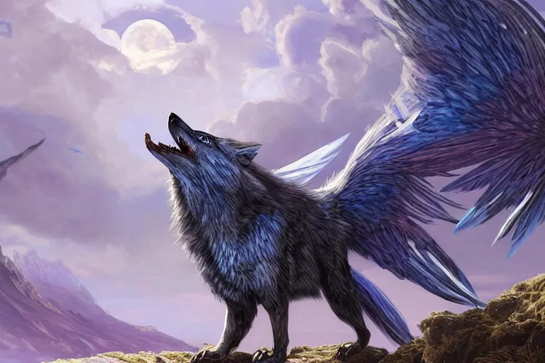 Prompt: Blue feathered wolf with wings on a beautiful fantasy landscape, hills, mountains, moonlit, HD, illustration, epic, D&D, fantasy, intricate, elegant, highly detailed, digital painting, artstation, concept art, smooth, sharp focus, illustration, wallpaper, art by artgerm and greg rutkowski and alphonse mucha and jin xiaodi and anthony devine and yigit korogly