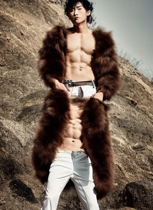 Prompt: an official aesthetic 8 k futuristic clothing advertisement photograph of a korean japanese hot attractive handsome asian man with black curly hair posing shirtless on land wearing a huge light brownish fur coat and y 2 k white pants, studio lighting