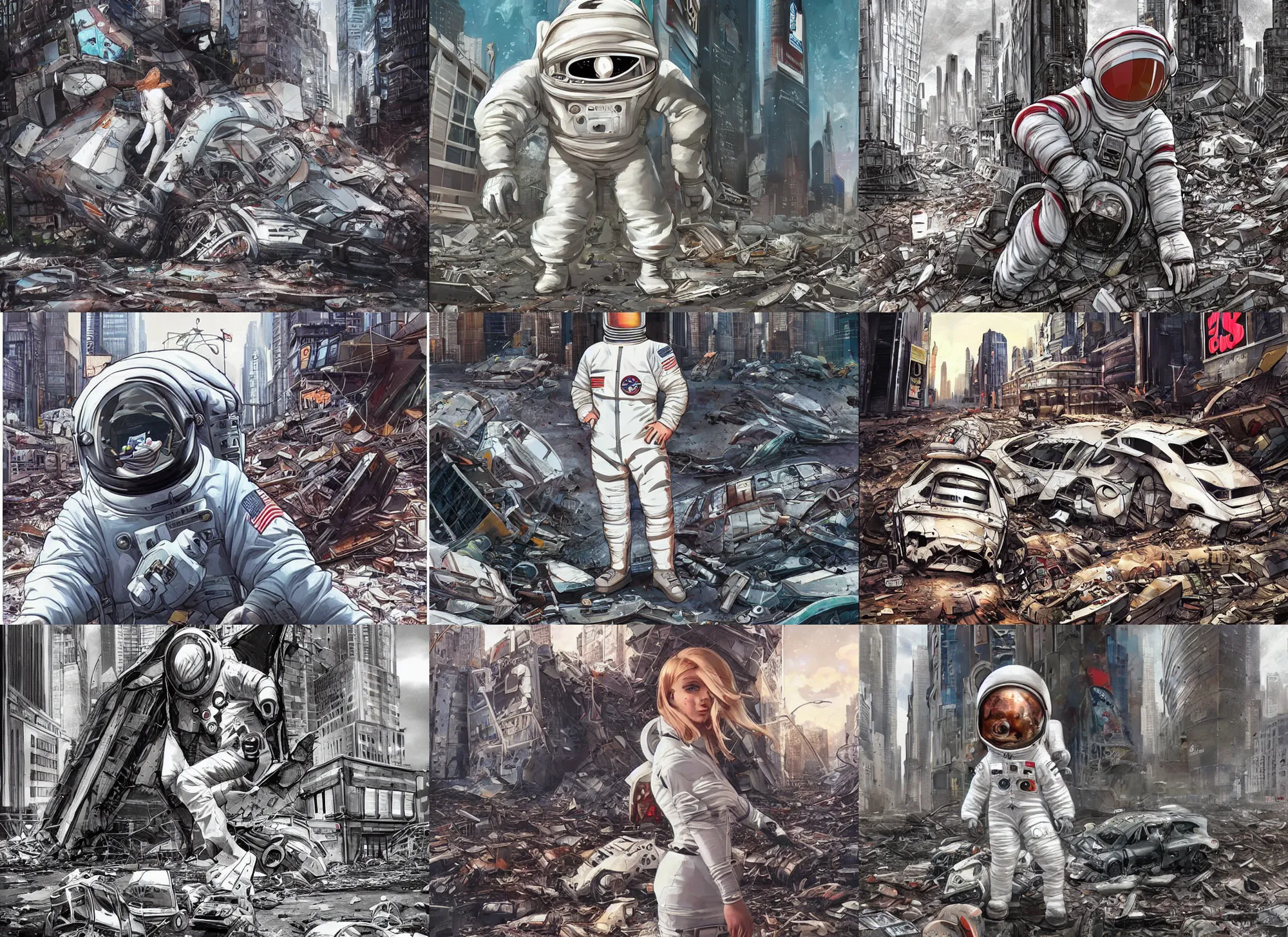 Prompt: artgerm style!!! american white spacesuit chubby astronaut in giant postapocalyptic abandoned destroyed times square, wrecked buildings, destroyed flipped wrecked cars