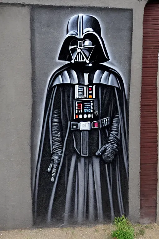 Prompt: darth vader graffiti art in inner city alley on tatooine