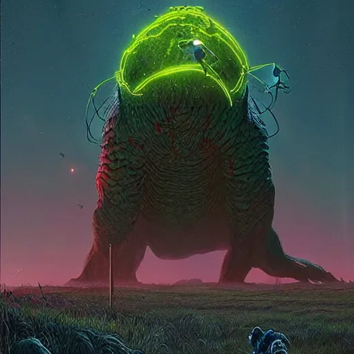 Image similar to giant creature lurking over a cowering smaller creature, epic science fiction horror by Simon Stalenhag and Mark Brooks, extremely detailed