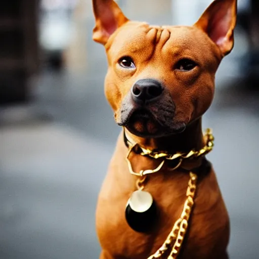 Prompt: tan american staffy dog wearing gold chains, street style, cool, stylish, anthropomorphised