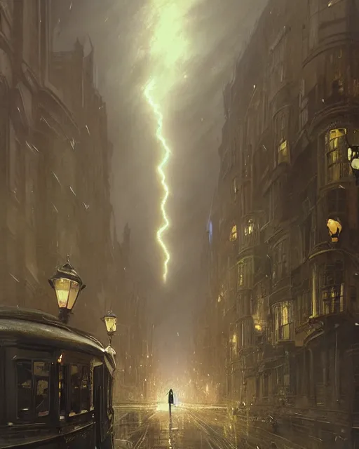 Image similar to a highly detailed epic cinematic concept art CG render digital painting artwork: Victorian London, lightning storm. By Greg Rutkowski, in the style of Francis Bacon and Syd Mead and Norman Rockwell and Beksinski, open ceiling, highly detailed, painted by Francis Bacon and Edward Hopper, painted by James Gilleard, surrealism, airbrush, Ilya Kuvshinov, WLOP, Stanley Artgerm, very coherent, triadic color scheme, art by Takato Yamamoto and James Jean
