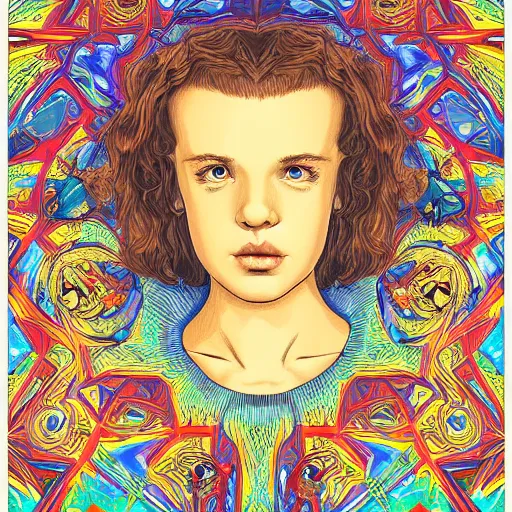 Image similar to stranger things by evelyn de morgan, by jack kirby funereal, kaleidoscopic. a print of a young woman holding an orange