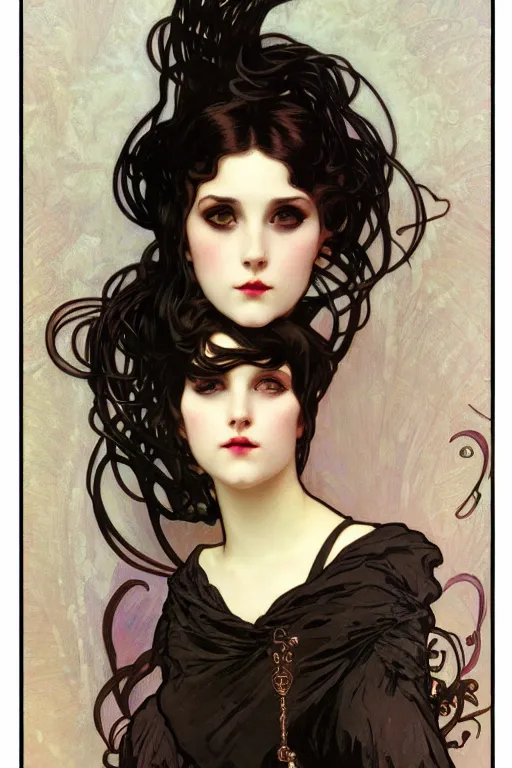 Prompt: A close-up portrait of a cute goth girl by Alphonse Mucha, art nouveau card, wlop, trending on artstation, 8k