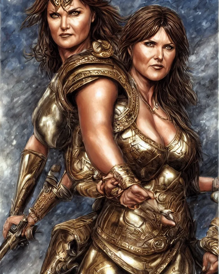 Image similar to lucy lawless, xena warrior princess as an amazon warrior, a tall beautiful woman with brown skin and long hair, dressed in hellenistic body armor, intricate, elegant, highly detailed, smooth, sharp focus, detailed face, art by ardian syaf