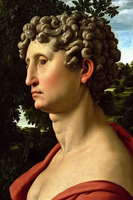 Image similar to renaissance painting of elder in the garden, closeup, short silver hair, a wise face, emotions closeup, dressed in roman armour, the beautiful garden with oak leaves everywhere, ultra detailed, art by Guido Reni style, Vincenzo Catena style