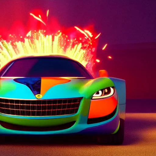 Image similar to a luxurious car is dramatically breaking out of a tv screen. cute 3 d octane render, elegant, an explosion of colorful powder in the background by pixar on artstation, 8 k