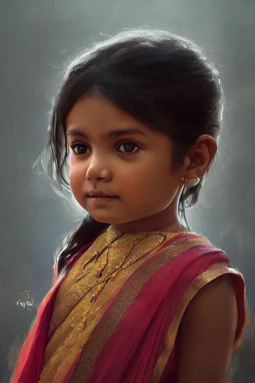 Image similar to hindu little girl, joyful, close - up portrait, intricate, elegant, volumetric lighting, scenery, digital painting, highly detailed, artstation, sharp focus, illustration, concept art, ruan jia, steve mccurry