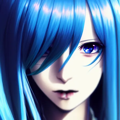 Prompt: attractive long blue - haired girl with bangs gothic anime character with amber eyes, screenshot, anime, sharp focus, intricate, illustration, cell shaded, digital painting, highly detailed, concept art, matte, art by ilya kuvshinov and kyoto animation and wlop, anime character, and greg rutkowski, studio quality, masterpiece