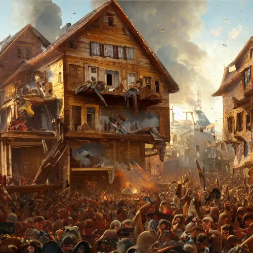 Prompt: a highly detailed oil painting of a giant dachshund smashing houses, renaissance, bystanders watching from the sides, 4 k, by greg rutkowski, artstation,