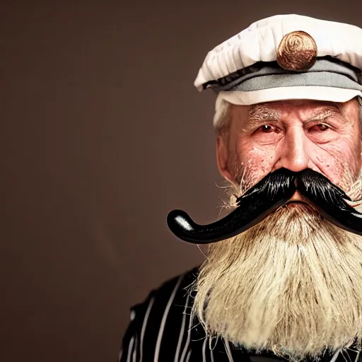 Prompt: a portrait of a wood-carved, painted, pastel colored, wooden, old-age, grumpy ship captain, white beard and mustache, pastel black uniform, tobacco pipe on his mouth, looking straight at the camera, children's toy, studio lighting, sharp