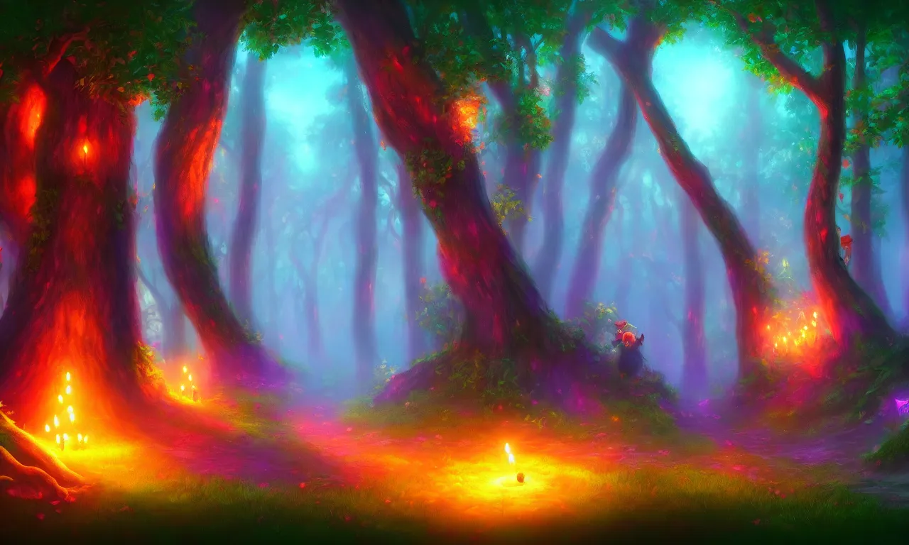 Image similar to enchanted magical forest on magical colorful fire , digital painting , digital art , artstation , devian art , 4k , HD