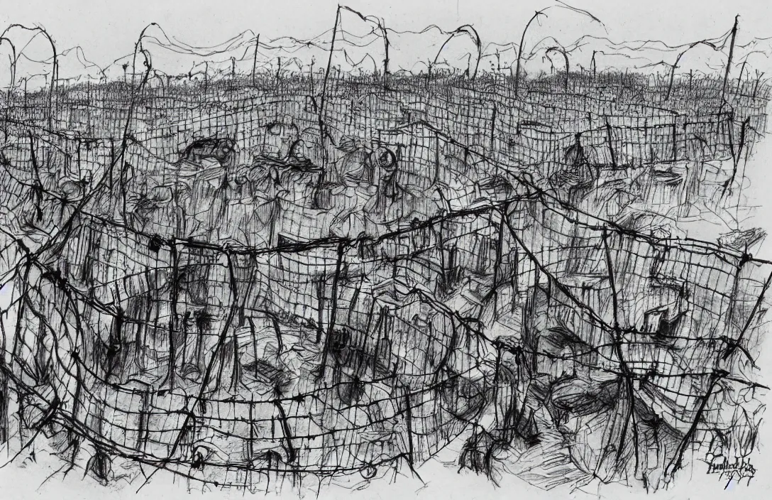 Image similar to milt kahl sketch of zombie apocalypse resistance camp with barbed wire fencing