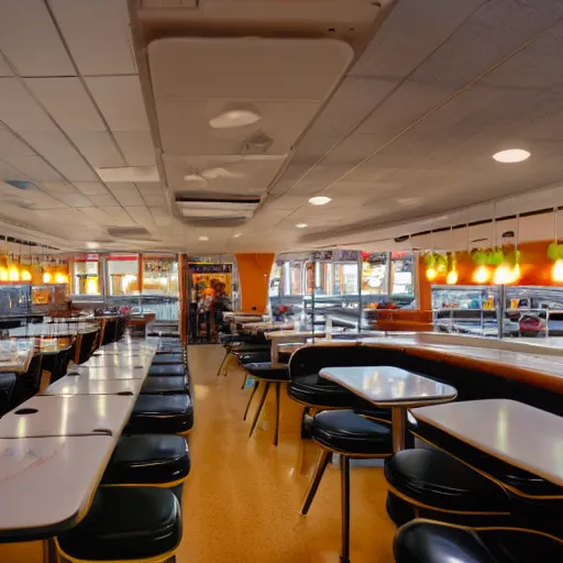 Image similar to 2 0 0 1 y 2 k diner, tables repeat endlessly 8 5 mm f / 1 1 interior photography two point perspective