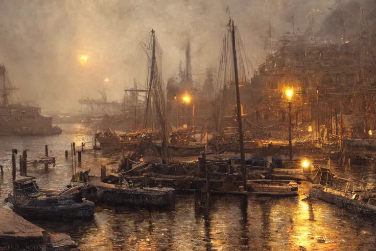 Prompt: The harbor docks on sicily , moody scene, highly detailed, intricate, sharp details, dystopian mood, 1950 scene by gaston bussiere, craig mullins, somber lighting, drawn by Giacomo Burattini, inspired by graphic novel cover art, hyperrealistic, 8k by RHADS