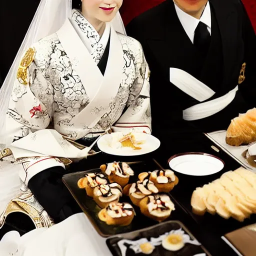 Image similar to A close up shot, colored black and white Russian and Japanese mix historical fantasy a photograph portrait taken at the empress and emperor's royal wedding breakfast, a collection of sandwiches and canapés was served, mixing traditional Japanese choices with some Russian influences, professional corporate portrait, warm lighting, 1907 photo from the official wedding photographer for the royal wedding. Cinematic, atmospheric lighting, extreme detail, 8K, high detail,