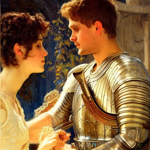 Image similar to attractive arthur pendragon confesses his love for his attractive knight. highly detailed painting by gaston bussiere and j. c. leyendecker 8 k