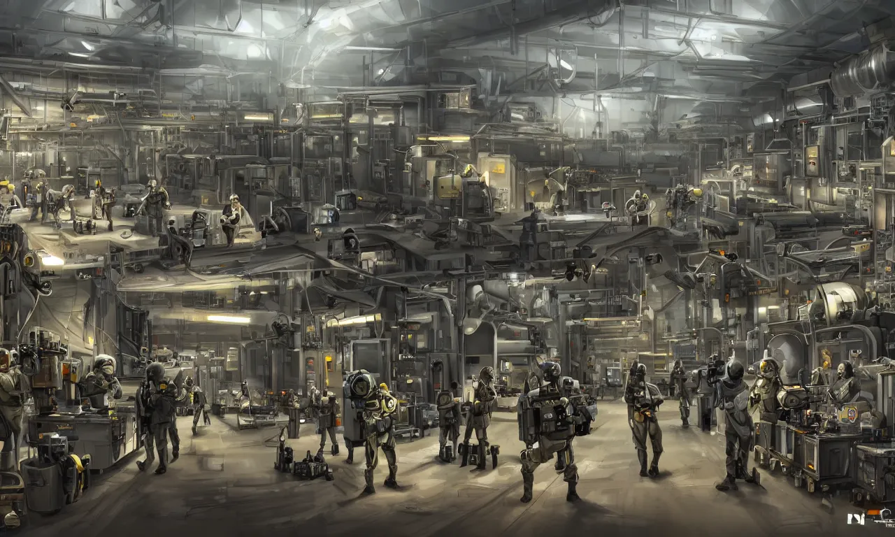 Image similar to epic scenic shot, highly detailed weapons laboratory, clean and organized, quantum technology, bright lights, warehouse, with anthropomorphic furry researchers in military uniforms and hazmat suits, carrying guns, tables, parts, gun scraps, windows, sci fi, Extremely detailed digital art, furry art, furaffinity, DeviantArt, HD artstation