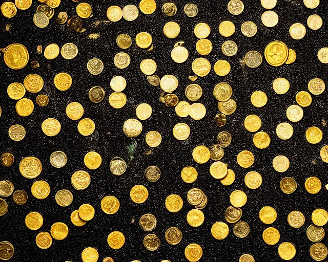 Prompt: 4 k hd, high resolution photograph of fields covered with gold coins, raining dollars, shot with sigma f / 4. 2, 2 5 0 mm sharp lens, wide shot, high level texture render