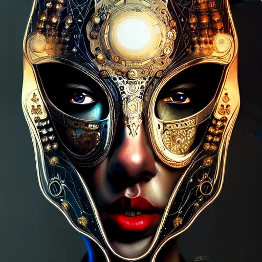 Image similar to Very very very very highly detailed epic photo of face with venetian mask, intricate, dystopian, sci-fi, extremely detailed, digital painting, artstation, concept art, smooth, sharp focus, illustration, intimidating lighting, incredible art by Artgerm and Vincent di Fate