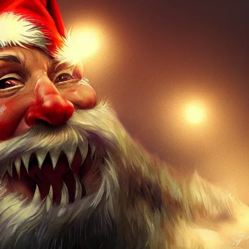 Image similar to santa clause, black eyes, sharp teeth, spiderlegs, body of a spider, intricate, detailed, volumetric lighting, scenery, digital painting, highly detailed, artstation, sharp focus, illustration, concept art,