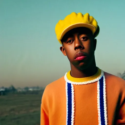 Image similar to a photo of tyler the creator in a wes anderson movie, dramatic, ektachrome, vintage, wide angle, warm color palette, light mode, 2. 5 - dimensional, 1 6 k, ultra - hd, megapixel, cga, rays of shimmering light, mist, screen space reflections