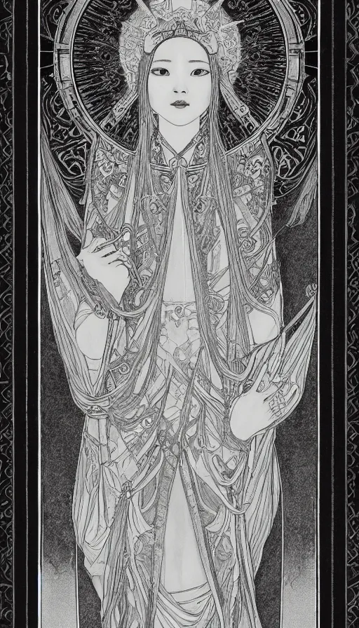 Image similar to yoon young as the high priestess, tarot design, by mucha, black and white graphite drawing, smooth render