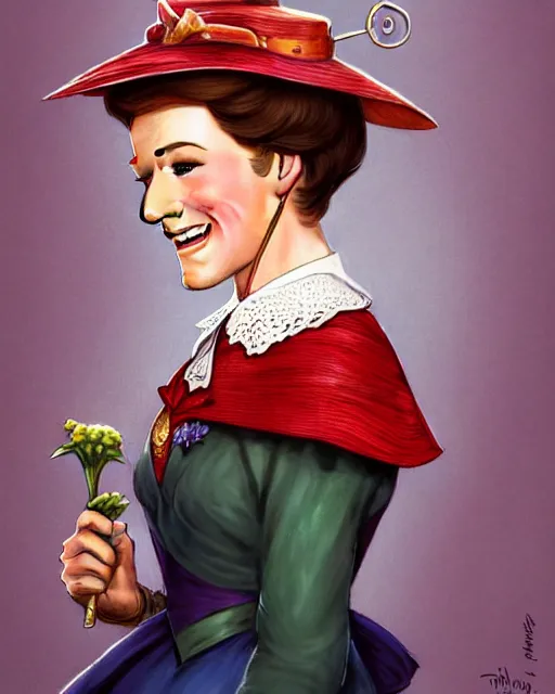 Image similar to Julie Andrews Mary Poppins from Disney 1964 smiling and looking to the side, D&D, fantasy, intricate, elegant, highly detailed, digital painting, artstation, concept art, matte, sharp focus, illustration, hearthstone, art by Artgerm and Greg Rutkowski and Alphonse Mucha