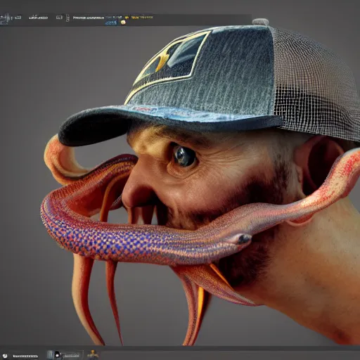 Image similar to hyperrealistic dslr film still of amorphous squid disguised as redneck with trucker hat, stunning 8 k octane comprehensive 3 d render, inspired by istvan sandorfi & greg rutkowski & unreal engine, perfect symmetry, dim volumetric cinematic lighting, extremely hyper - detailed, extremely lifelike attributes & lifelike texture, intricate, masterpiece, artstation, stunning