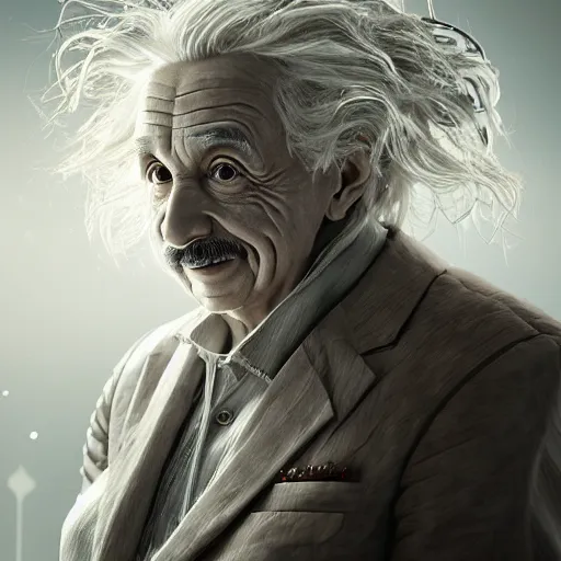 Prompt: portrait ethereal biomechanical android albert einstein with incredible technological hair, masterpiece crystalline incrustations, hyper - detailed face, elegant posed, intricate, octane render, cinematic lighting, cgsociety, unreal engine,
