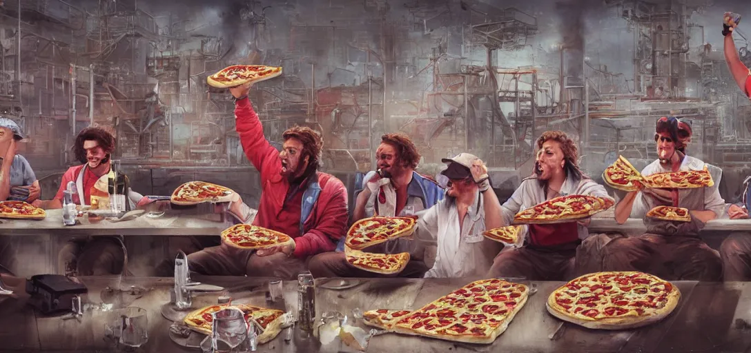 Prompt: !dream oil rig workers eating a pizza, 80s style, smiling maniacally, 8k, james gurney, greg rutkowski, john howe, artstation