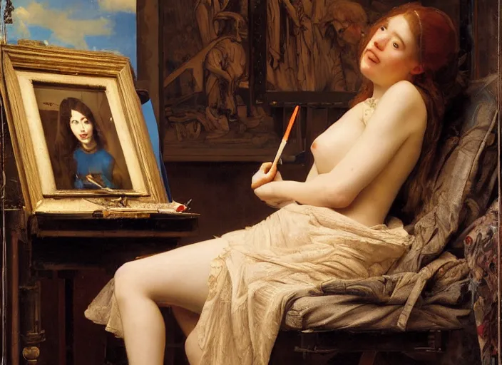 Prompt: a painter in his studio painting a picture of belle delphine by edgar maxence and caravaggio and michael whelan and delacroix style, artistic, intricate painting, cinematic lighting, hyper realistic, extremely detailed, establishing shot, 8 k resolution, dramatic lighting