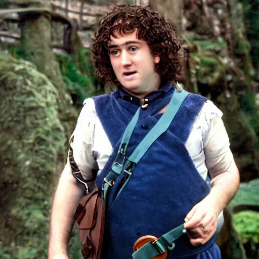 Image similar to frowning clean shaven pudgy British lad with short curly dark brown hair as a hobbit wearing a white men's crossbody sling chest bag and blue vest, blue vest!! white crossbody chestbag!! high resolution film still, movie by Peter Jackson