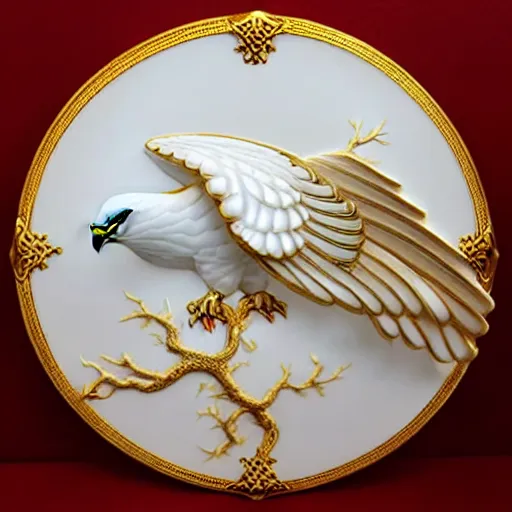 Prompt: gorgeous ornated snow white porcelain realistic detailed sacred falcon wall decoration with golden filigree carved out of ivory