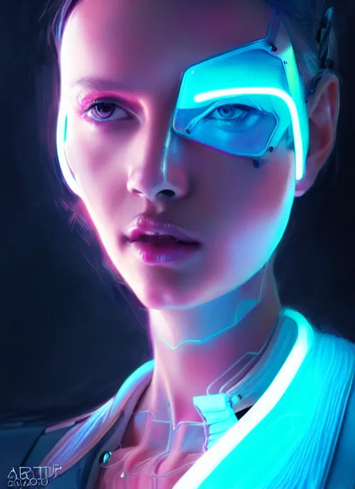 Image similar to portrait of female cyberpunk humanoid, transparent acrylic fashion wear, intricate, elegant, cyber neon lights, highly detailed, digital photography, artstation, glamor pose, concept art, smooth, sharp focus, art by artgerm and greg rutkowski