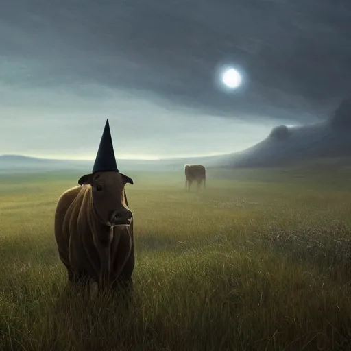 Prompt: a detailed matte landscape painting of a cow standing in a grassy field wearing a witch hat, cow wearing hat!!!! viewed in profile, fog and flying glowing moths in the background, ultrawide lens, aerial photography, black and blue color scheme with gold highlights, art by paul kidby, 8 k, octane render