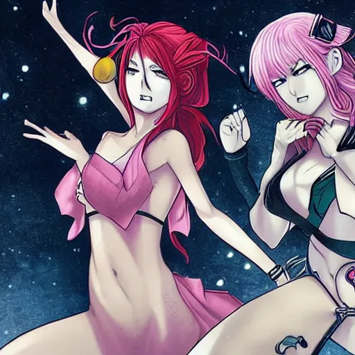 Prompt: two beautiful female rogues facing off, gorgeous manga art