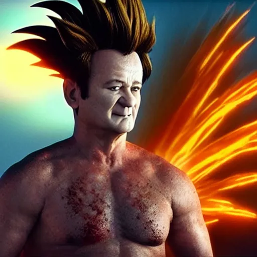 Image similar to live action hyper realistic highly detailed super saiyan Bill Murray powering up full body composition golden ratio anti-aliased bloom fx 8K octane render photo realistic directed by Michael Bay