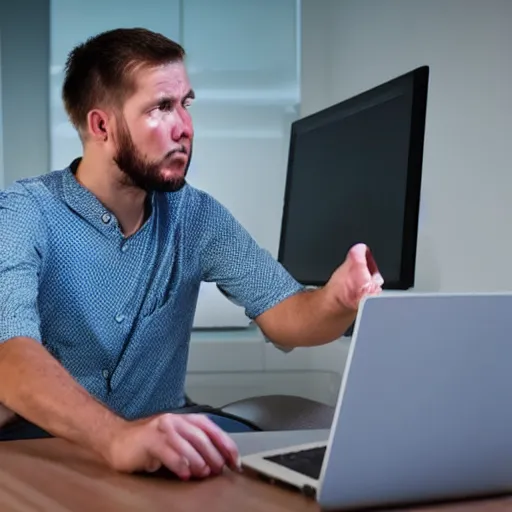 Prompt: annoyed angry man waiting for a friend in front of a computer, night, soft screen light