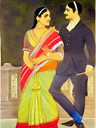 Prompt: water color painting, artwork by raja ravi varma, of a solo individual portrait of a guy and a girl in love, dapper, simple illustration, nostalgic, in love, full of details