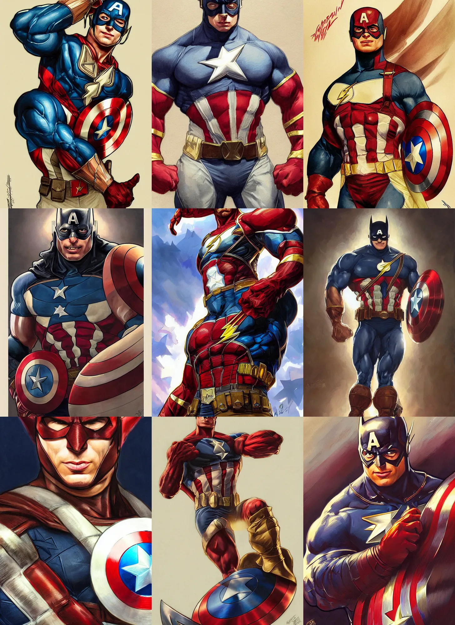 Prompt: a portrait of a muscled anthropomorphic snail, dressed as captain america, batman, the flash, captain marvel, wonder woman, a superhero. by artgerm, greg rutkowski, alphonse mucha